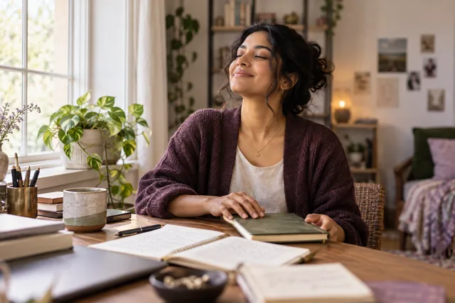 A woman closing her notebook and taking a calm pause at her desk